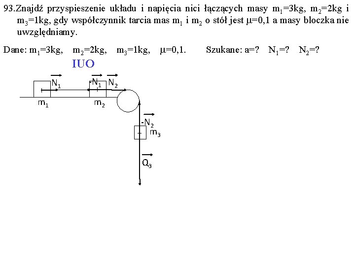 93. Znajdź przyspieszenie układu i napięcia nici łączących masy m 1=3 kg, m 2=2
