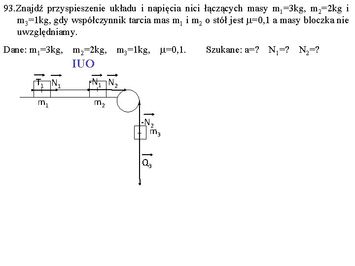 93. Znajdź przyspieszenie układu i napięcia nici łączących masy m 1=3 kg, m 2=2