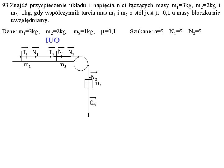 93. Znajdź przyspieszenie układu i napięcia nici łączących masy m 1=3 kg, m 2=2