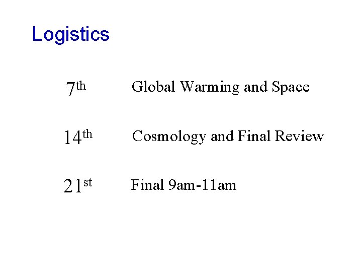 Logistics 7 th Global Warming and Space 14 th Cosmology and Final Review 21