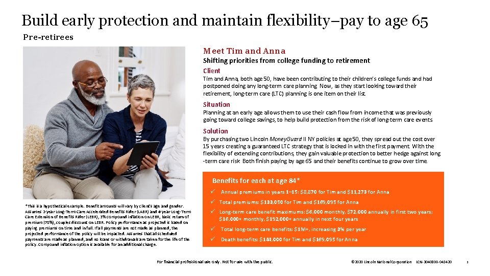 Build early protection and maintain flexibility–pay to age 65 Pre-retirees Meet Tim and Anna