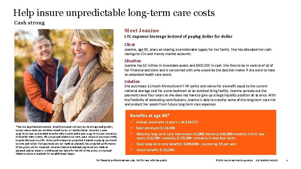 Help insure unpredictable long-term care costs Cash strong Meet Jeanine LTC expense leverage instead