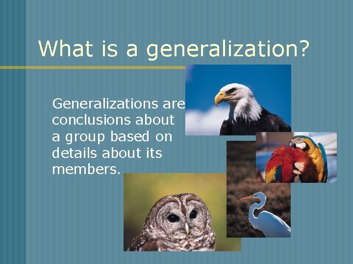 What is a generalization? Generalizations are conclusions about a group based on details about