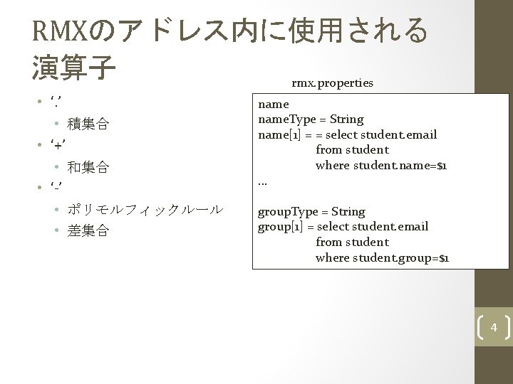 RMXのアドレス内に使用される 演算子 rmx. properties • ‘. ’ • 積集合 • ‘+’ • 和集合 •