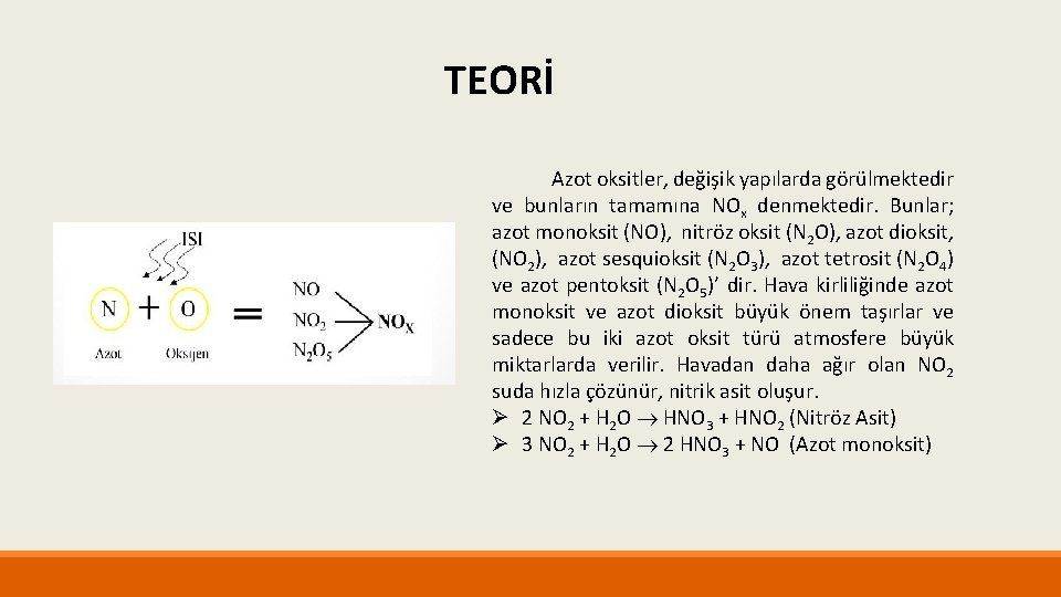 TEORİ Azot oksitler, değişik yapılarda görülmektedir ve bunların tamamına NOx denmektedir. Bunlar; azot monoksit