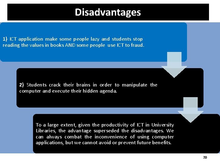 Disadvantages 1} ICT application make some people lazy and students stop reading the values