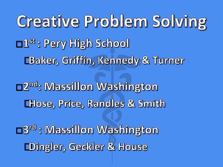 Creative Problem Solving � 1 st : Pery High School �Baker, Griffin, Kennedy &