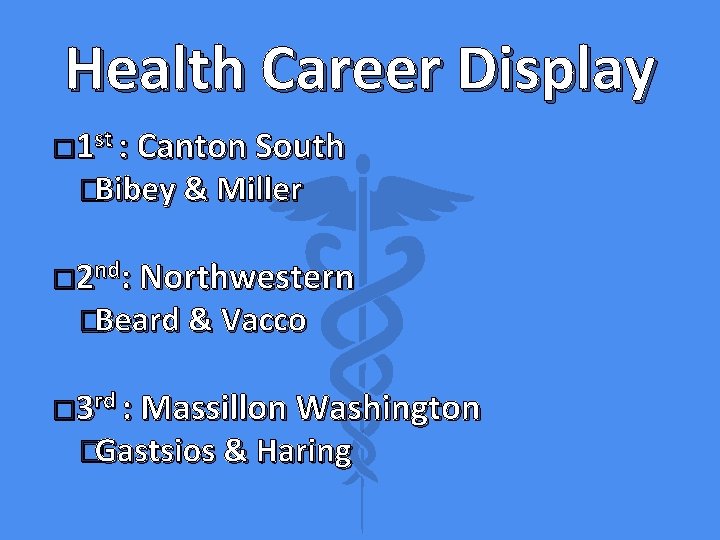 Health Career Display � 1 st : Canton South �Bibey & Miller � 2