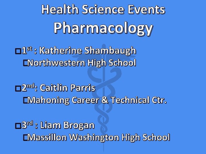 Health Science Events Pharmacology � 1 st : Katherine Shambaugh �Northwestern High School �