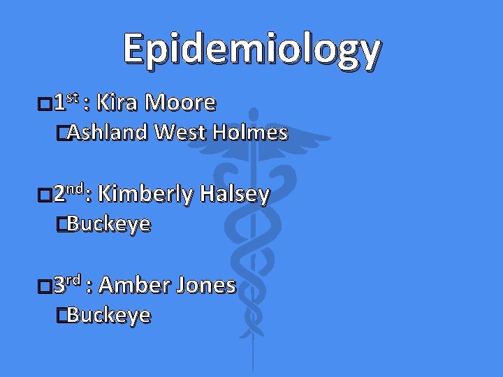 Epidemiology � 1 st : Kira Moore �Ashland West Holmes � 2 nd: Kimberly