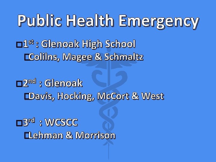Public Health Emergency � 1 st : Glenoak High School �Colilns, Magee & Schmaltz