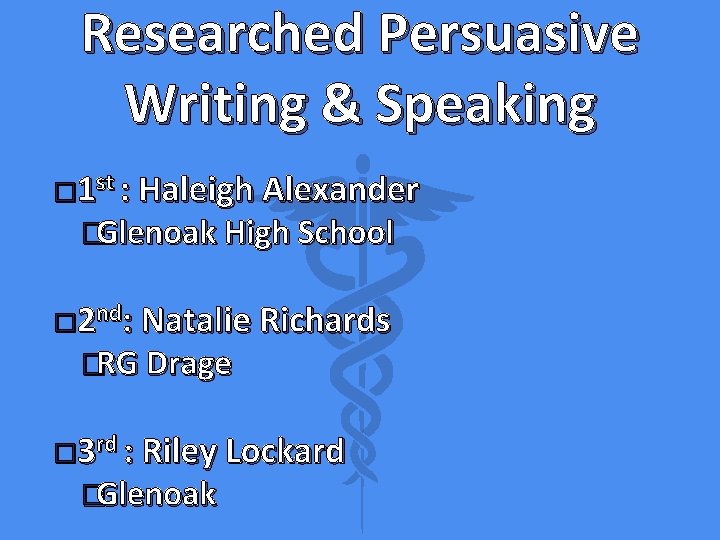 Researched Persuasive Writing & Speaking � 1 st : Haleigh Alexander �Glenoak High School