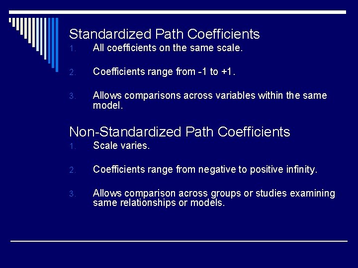 Standardized Path Coefficients 1. All coefficients on the same scale. 2. Coefficients range from