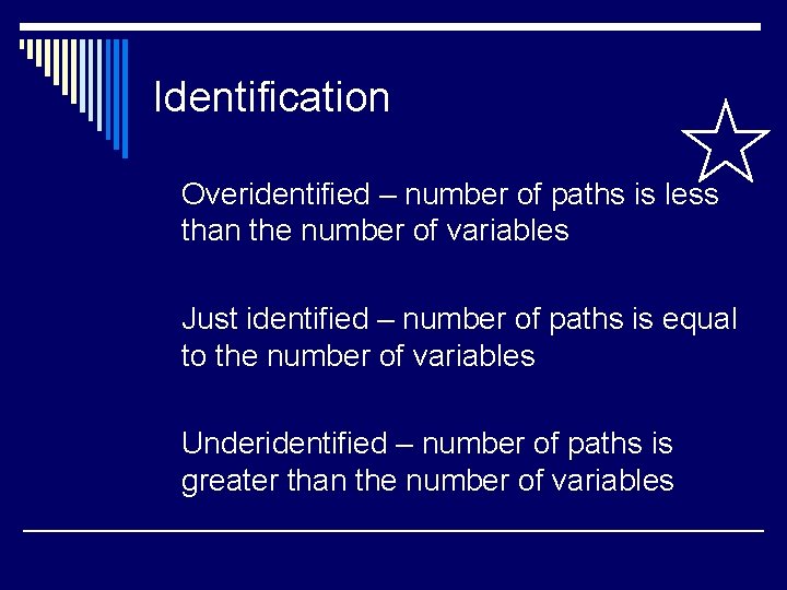 Identification Overidentified – number of paths is less than the number of variables Just