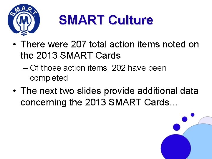 SMART Culture • There were 207 total action items noted on the 2013 SMART
