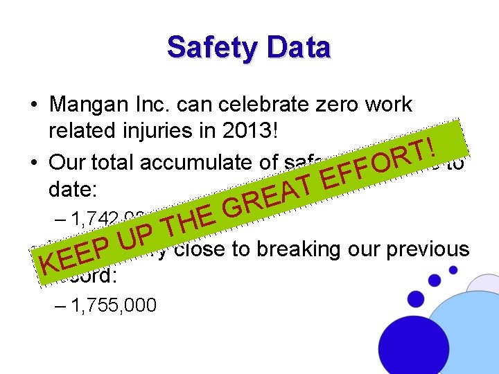 Safety Data • Mangan Inc. can celebrate zero work related injuries in 2013! !