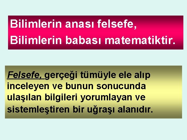 Bilimlerin anası felsefe, Bilimlerin babası matematiktir. Felsefe, gerçeği tümüyle ele alıp inceleyen ve bunun