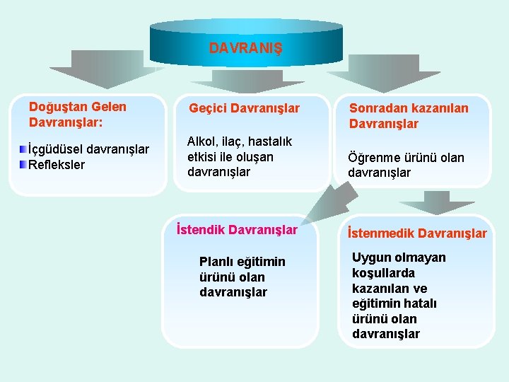 DAVRANIŞ Doğuştan Gelen Davranışlar: Geçici Davranışlar İçgüdüsel davranışlar Refleksler Alkol, ilaç, hastalık etkisi ile