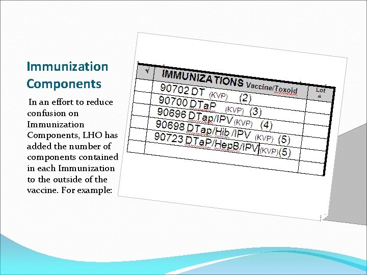 Immunization Components In an effort to reduce confusion on Immunization Components, LHO has added