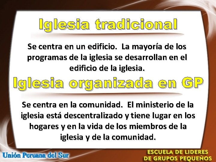 Iglesia tradicional Se centra en un edificio. La mayoría de los programas de la