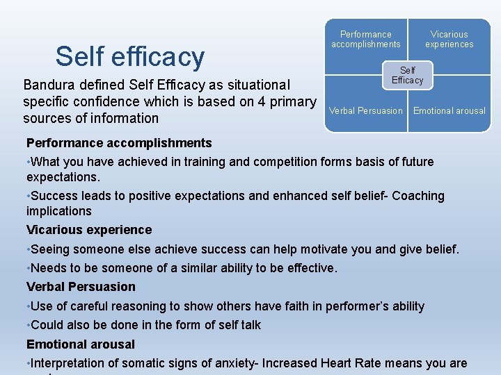 Self efficacy Bandura defined Self Efficacy as situational specific confidence which is based on