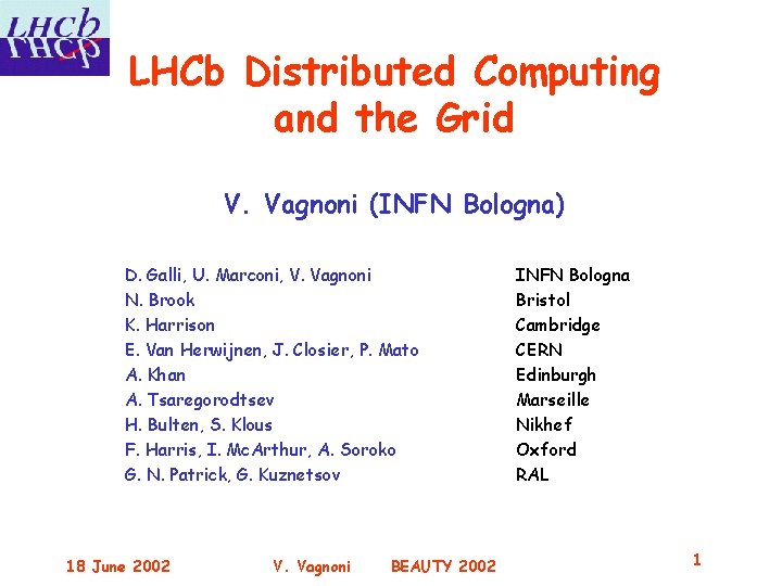 LHCb Distributed Computing and the Grid V. Vagnoni (INFN Bologna) D. Galli, U. Marconi,