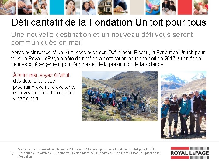 Défi caritatif de la Fondation Un toit pour tous Une nouvelle destination et un