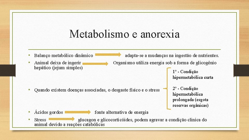Metabolismo e anorexia • Balanço metabólico dinâmico • Animal deixa de ingerir hepático (jejum