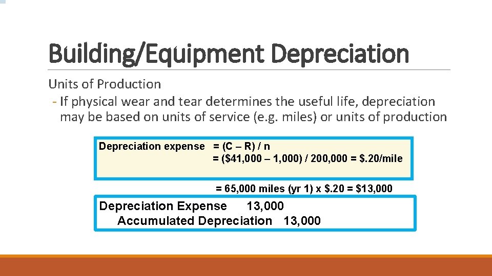 Building/Equipment Depreciation Units of Production - If physical wear and tear determines the useful