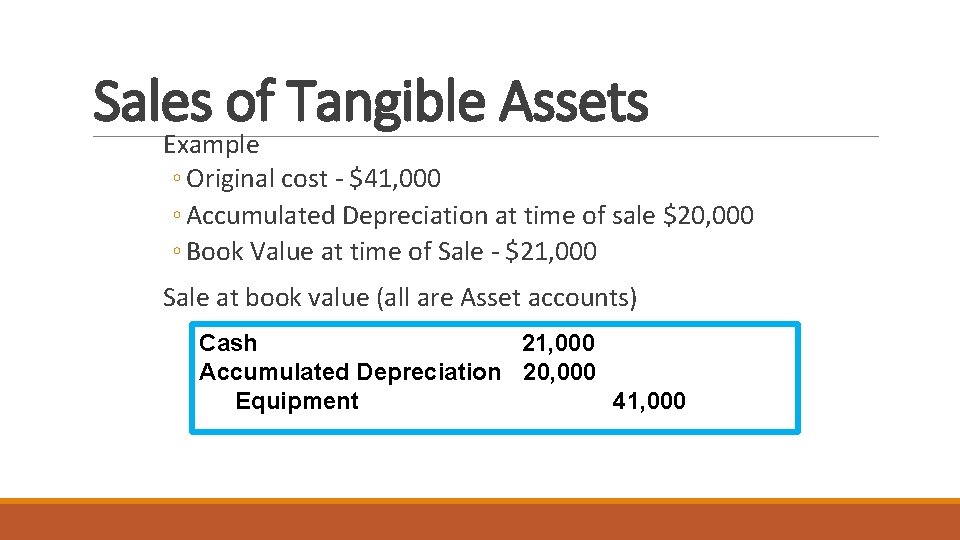 Sales of Tangible Assets Example ◦ Original cost - $41, 000 ◦ Accumulated Depreciation