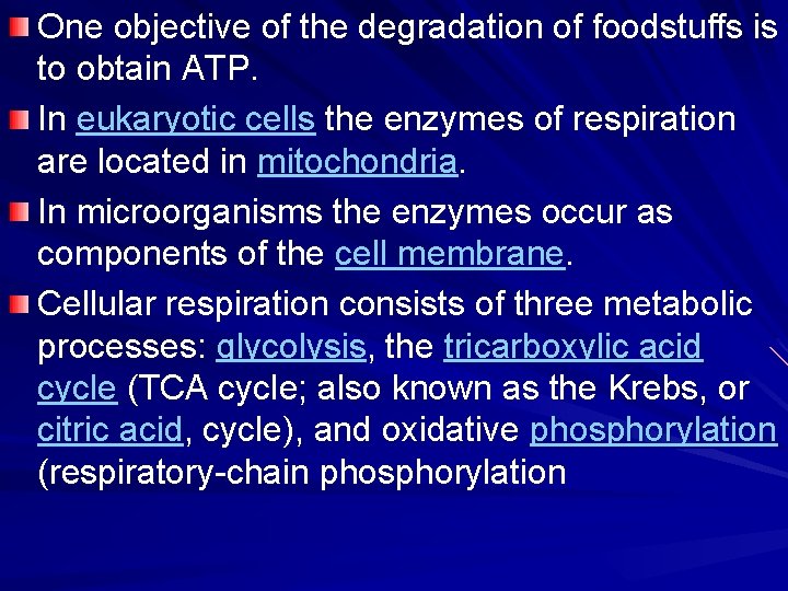 One objective of the degradation of foodstuffs is to obtain ATP. In eukaryotic cells