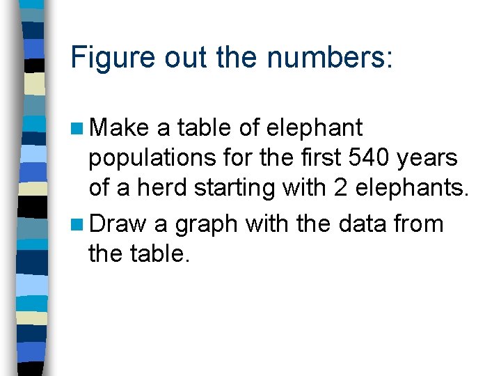 Figure out the numbers: n Make a table of elephant populations for the first