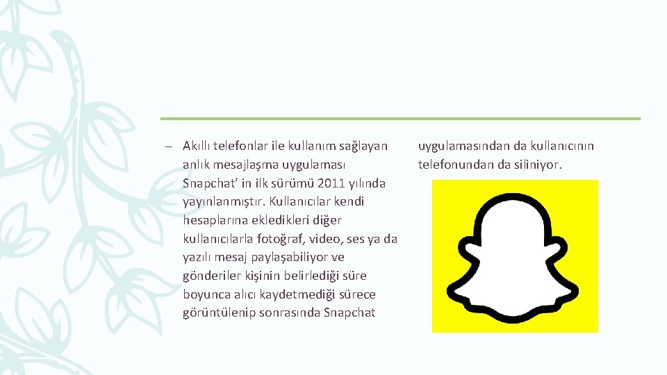 – Akıllı telefonlar ile kullanım sağlayan anlık mesajlaşma uygulaması Snapchat’ in ilk sürümü 2011