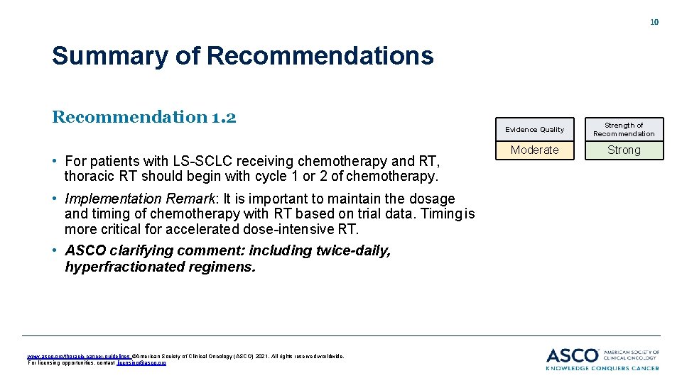 10 Summary of Recommendations Recommendation 1. 2 • For patients with LS-SCLC receiving chemotherapy 10 Summary of Recommendations Recommendation 1. 2 • For patients with LS-SCLC receiving chemotherapy