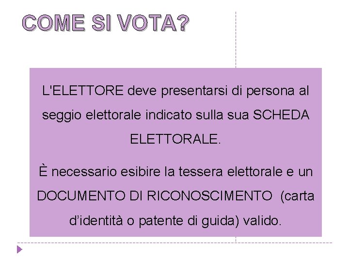 COME SI VOTA? L'ELETTORE deve presentarsi di persona al seggio elettorale indicato sulla sua