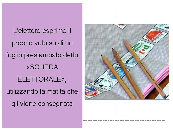 L'elettore esprime il proprio voto su di un foglio prestampato detto «SCHEDA ELETTORALE» ,