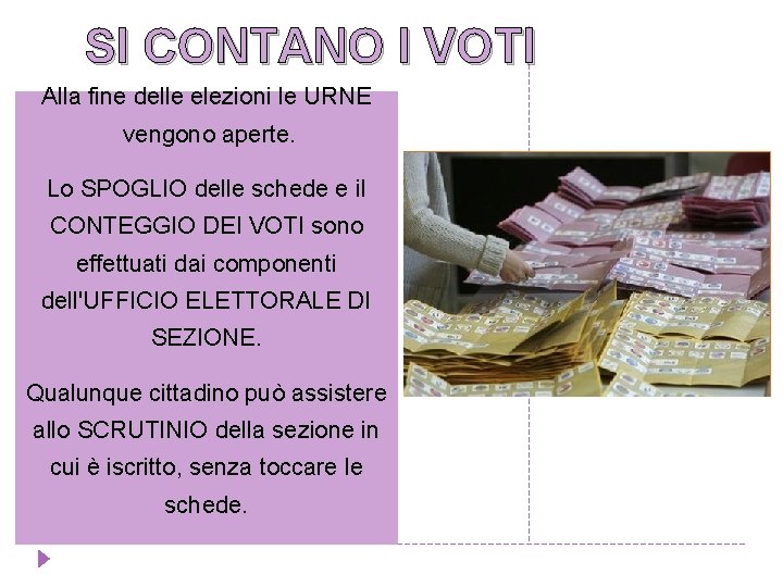 SI CONTANO I VOTI Alla fine delle elezioni le URNE vengono aperte. Lo SPOGLIO