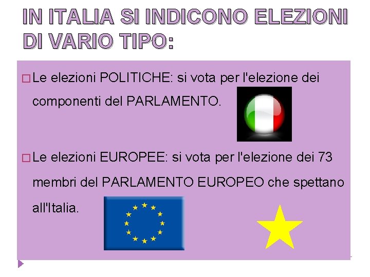 IN ITALIA SI INDICONO ELEZIONI DI VARIO TIPO: � Le elezioni POLITICHE: si vota