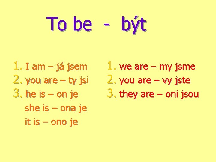 To be - být 1. I am – já jsem 2. you are –