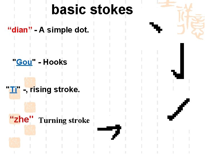 basic stokes “dian” - A simple dot. "Gou" - Hooks "Ti" -, rising stroke.