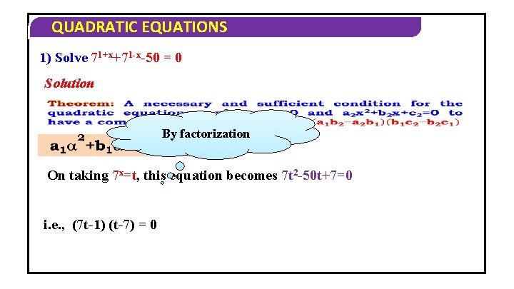 QUADRATIC EQUATIONS 1) Solve 71+x+71 -x-50 = 0 Solution By factorization On taking 7