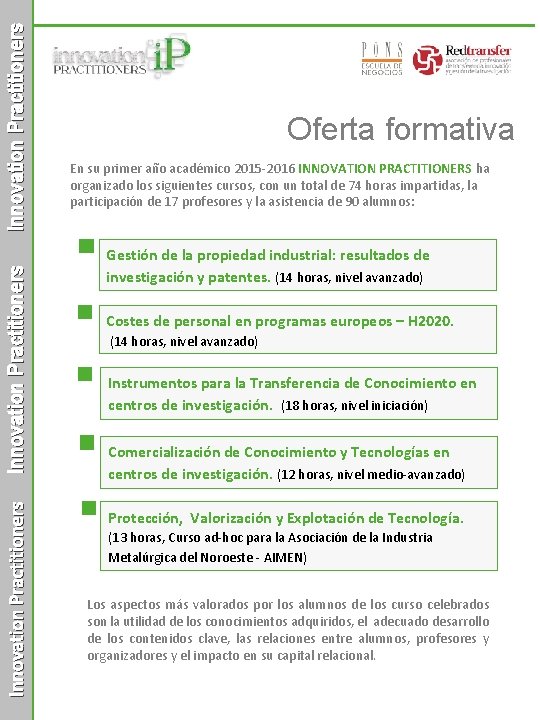 Innovation Practitioners Oferta formativa En su primer año académico 2015 -2016 INNOVATION PRACTITIONERS ha