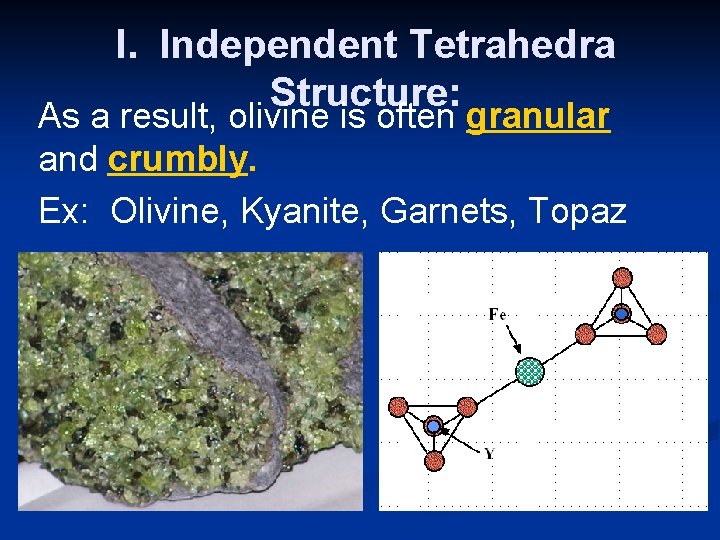 I. Independent Tetrahedra Structure: As a result, olivine is often granular and crumbly. Ex: