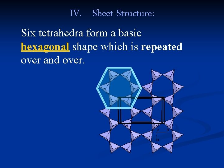 IV. Sheet Structure: Six tetrahedra form a basic hexagonal shape which is repeated over