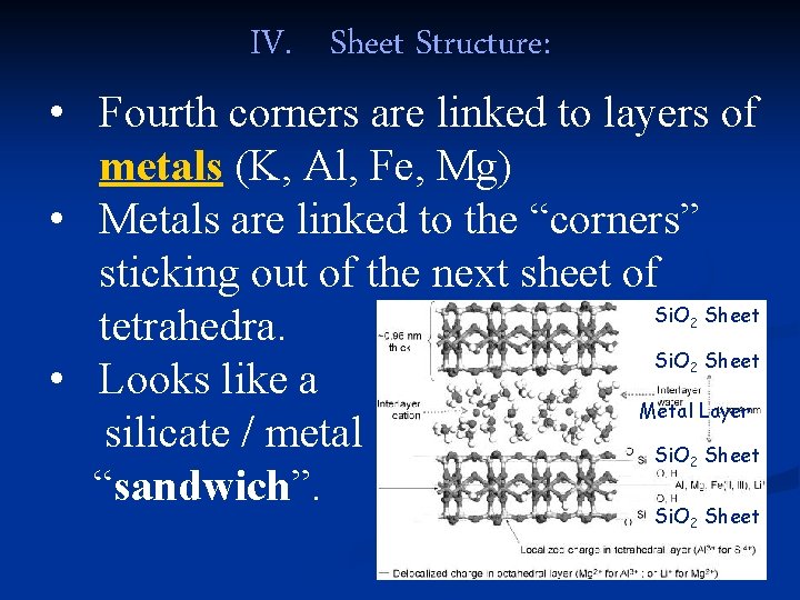 IV. Sheet Structure: • Fourth corners are linked to layers of metals (K, Al,