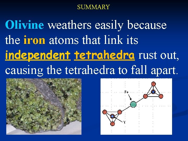 SUMMARY Olivine weathers easily because the iron atoms that link its independent tetrahedra rust