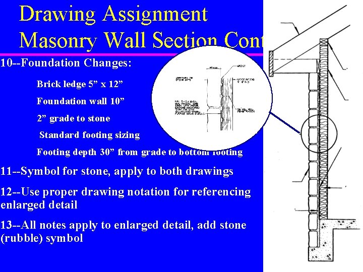 Drawing Assignment Masonry Wall Section Cont. 10 --Foundation Changes: Brick ledge 5” x 12”