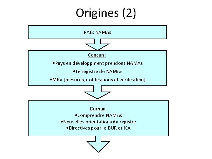 Origines (2) PAB: NAMAs Cancun: • Pays en développment prendont NAMAs • Le registre