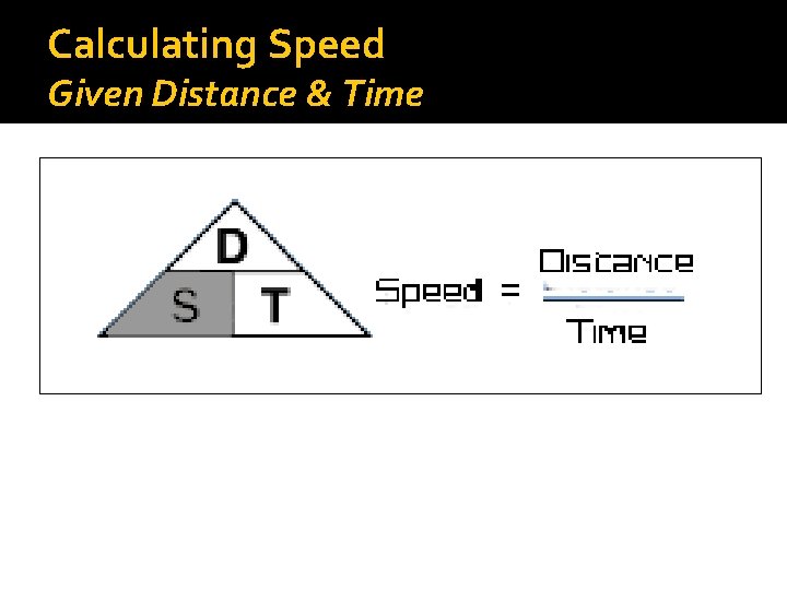 Calculating Speed Given Distance & Time Divide Distance by Time Distance ÷ Time =