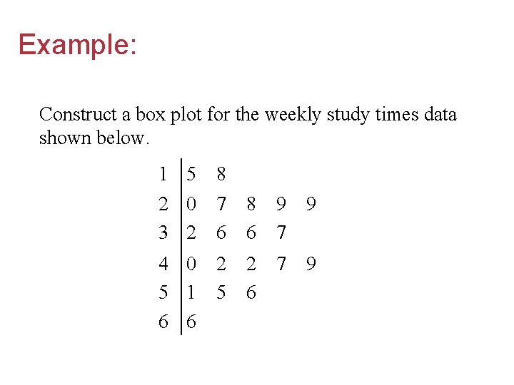 Example: Construct a box plot for the weekly study times data shown below. 1